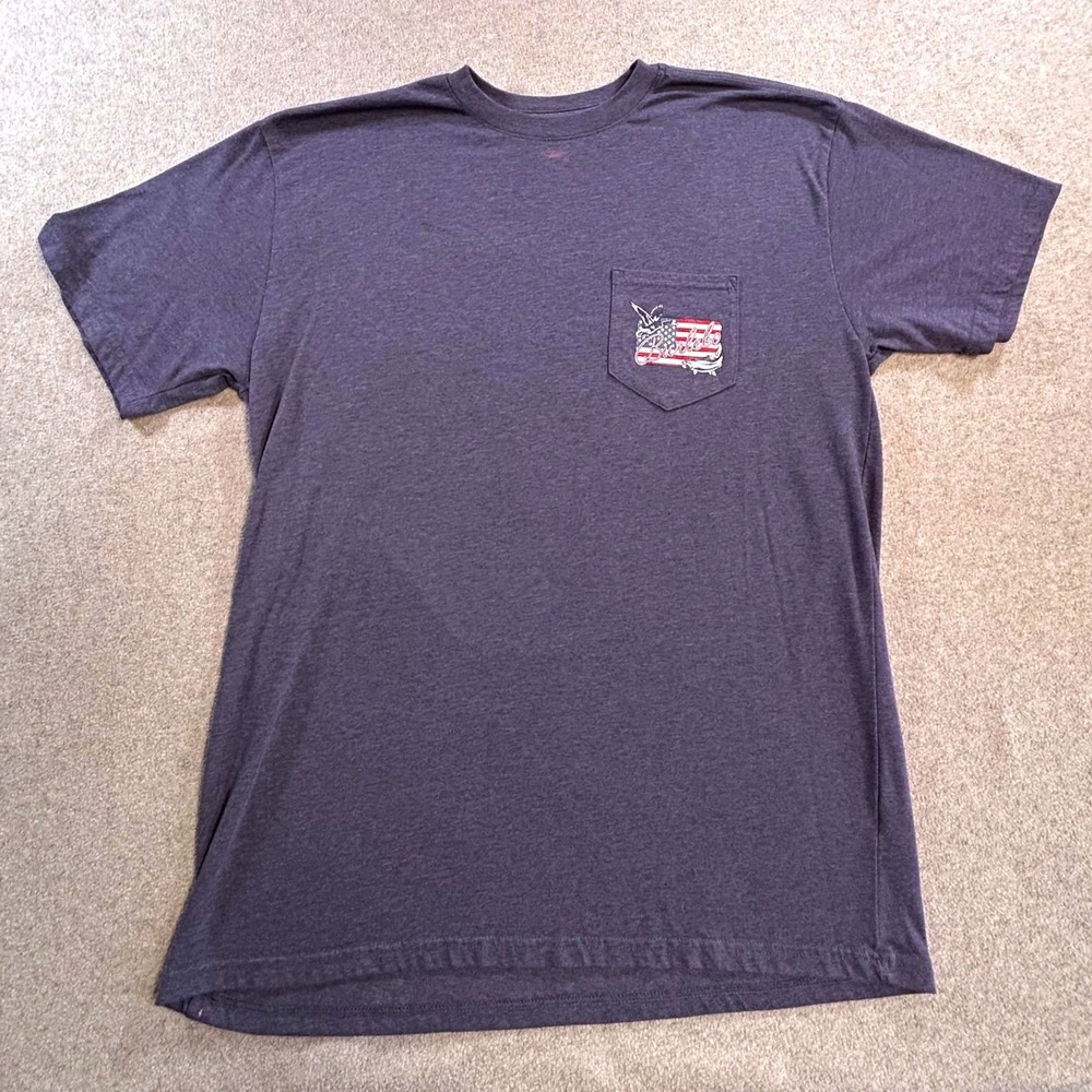 Burlebo Pocket T Shirt Mens Large Navy American Flag Duck Fishing Graphic Tee